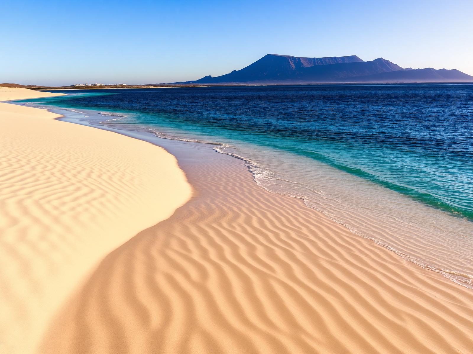 Rippled golden sand dunes meeting the turquoise Atlantic at Corralejo, Fuerteventura